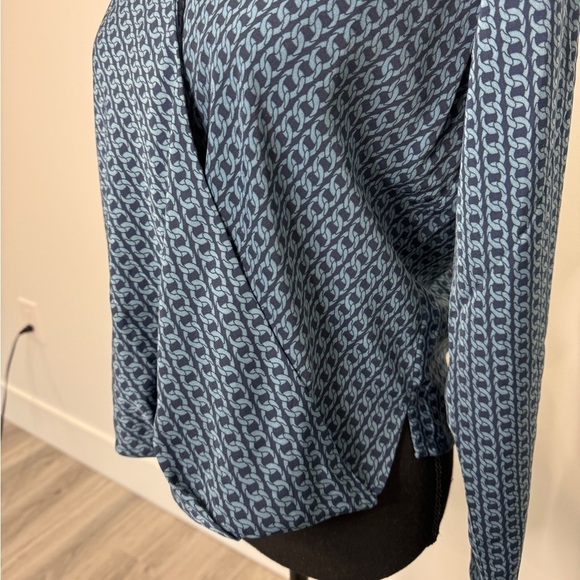 Michael Kors Chain Print Blue Front Faux Wrap Blouse (S) - Picture 5 of 8